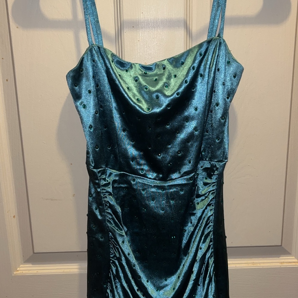 Teal Satin Rhinestone Dress